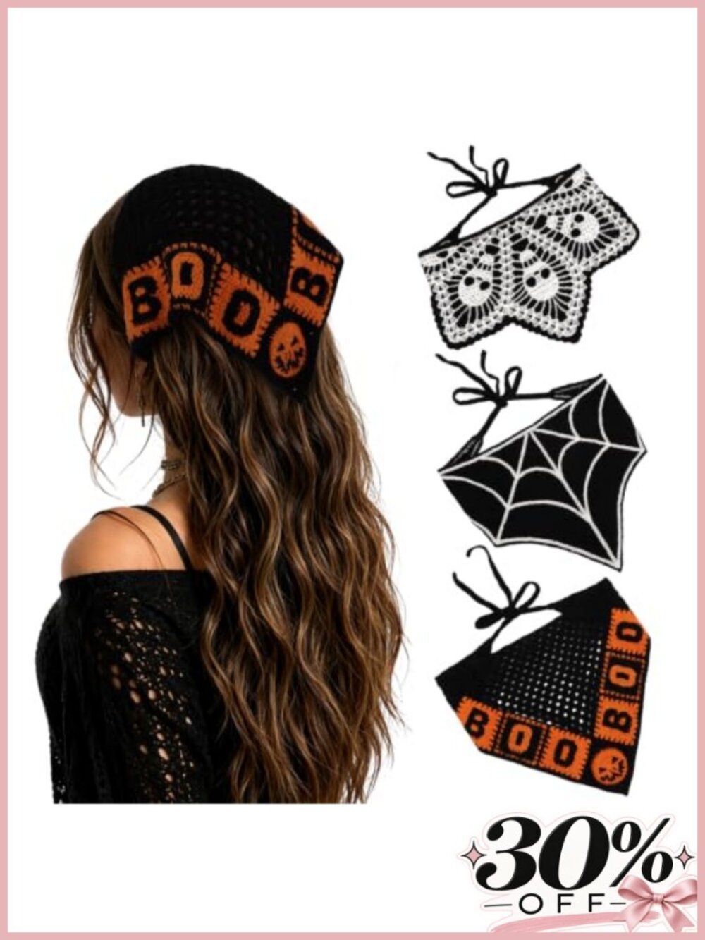 Halloween Crochet Headscarf for Women, Gothic Knit Bandana Head Wrap, Skull